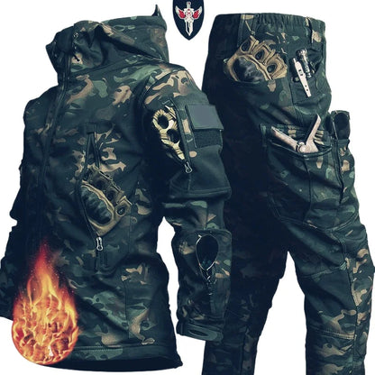 New Men's Winter Jacket Tactical  Sets Fleeced Sharkskin Windproof Waterproof Padding Suits Paintball Uniform Pockets Camo