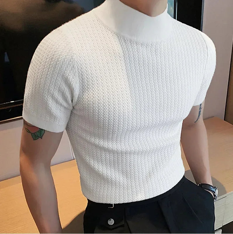 Summer New Casual Simple Knitted Base Shirt European and American Men's High Neck Water Ripple Solid Color T-Shirt