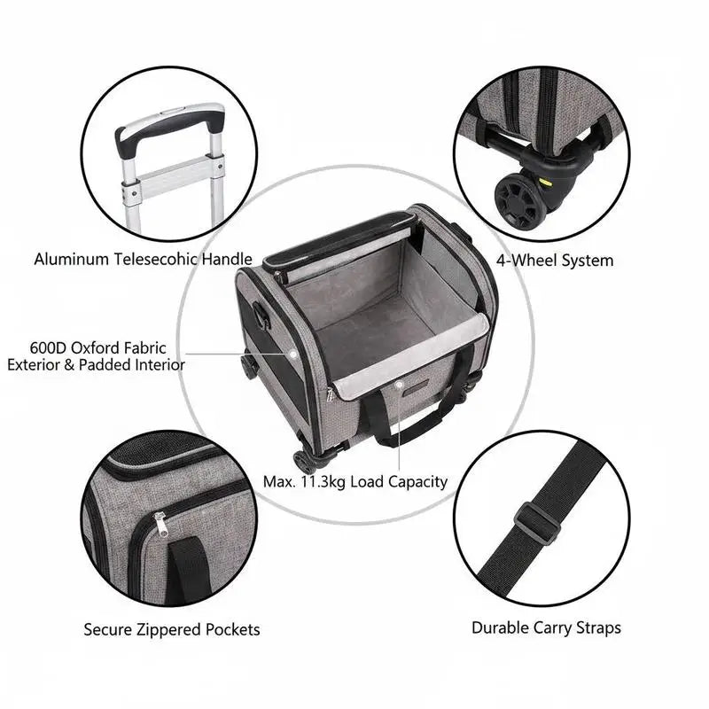 11.3kg Capacity - Foldable Pet Trolley Backpack - 600D Oxford Fabric - 4 Wheels & Storage Pockets - Ideal for Travel, Outings, Park, Shopping, Visiting - Portable Dog Cart