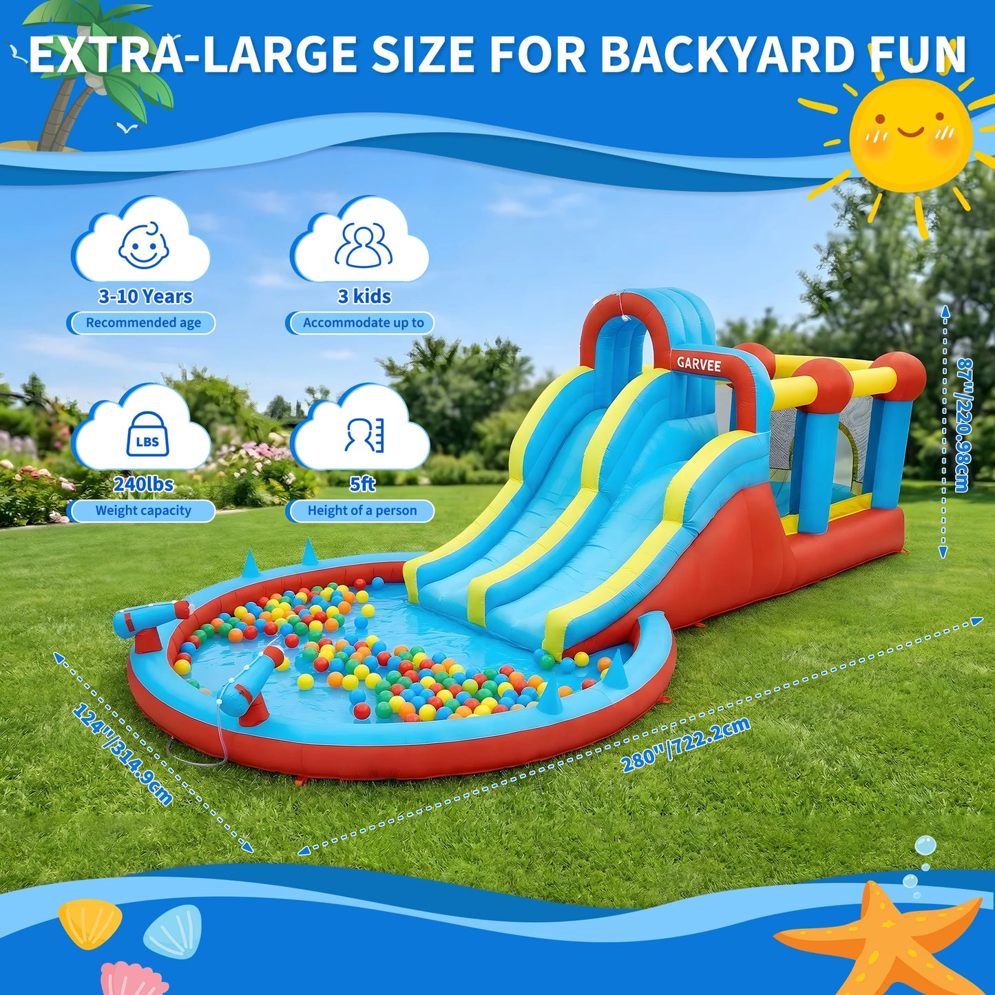 23FT All-Season Inflatable Water Slide Park, Kids Bounce House with Slide, Water Squirter, Climbing Wall and Pool for Backyard Outdoor Use