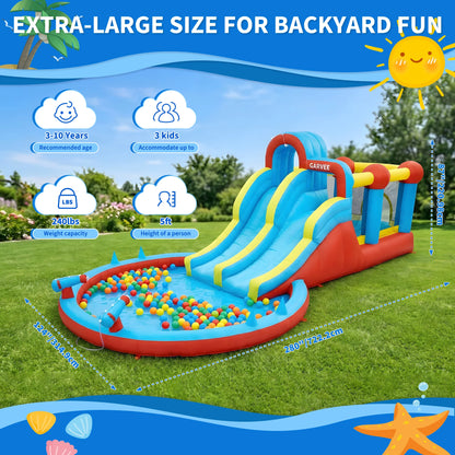 23FT All-Season Inflatable Water Slide Park, Kids Bounce House with Slide, Water Squirter, Climbing Wall and Pool for Backyard Outdoor Use