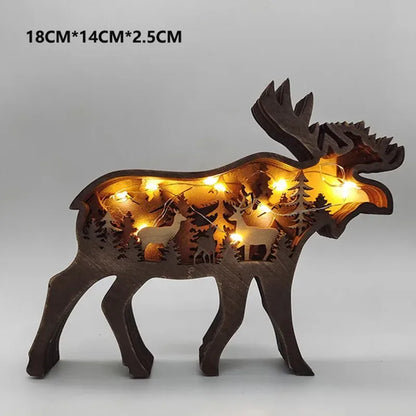 Home Decoration Ornaments Wooden Animal Small Wolf Elk and Brown Bear Statue Figurines LED Light Desktop Ornaments Crafts Gifts