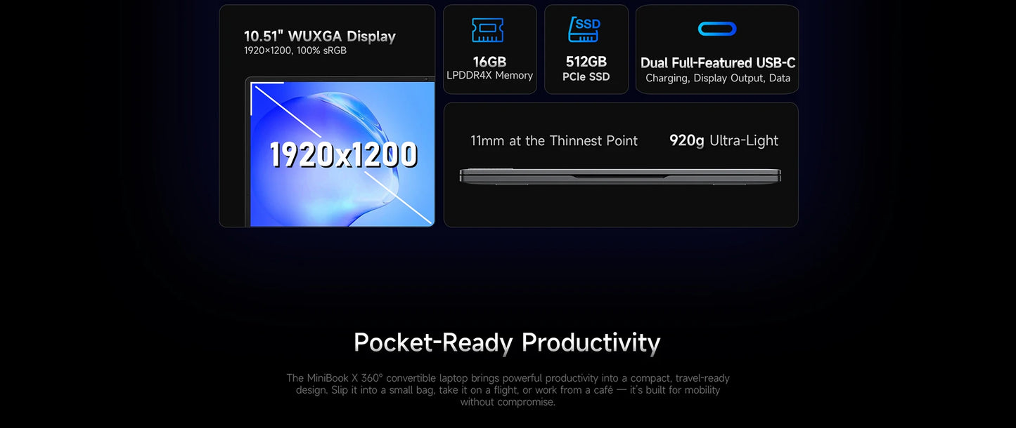 CHUWI MiniBook X Laptop Tablet PC 2 In 1 16GB 512G SSD Intel U300/N150 10.51 Inch FHD IPS Screen 1920*1200 Windows 11 Notebook