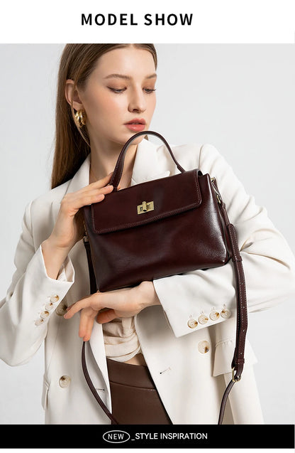 Genuine Leather Top Handle Crossbody Bag for Women Vintage Oil Wax Leather Shoulder Bag Small Luxury Designer Satchel Handbag