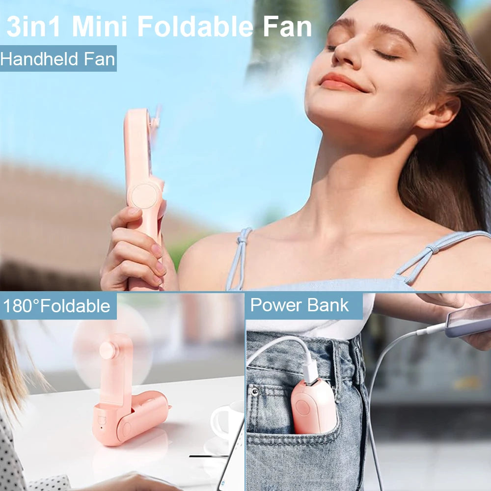 Nešiojamas ventiliatorius, super mini delninis ventiliatorius, įkraunamas USB laidu, sulankstomas, mažas kišeninis ventiliatorius su 2000 mAh išorine baterija, 3 greičio lygiai