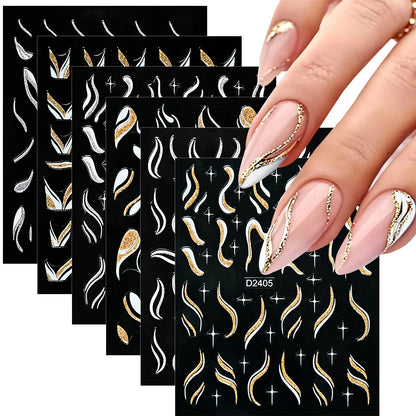 1pcs Gold Glitter French Design Nail Stickers White Silver Curve Lines Stripe Wave Nail Decals Slider Reflective Manicure Wraps