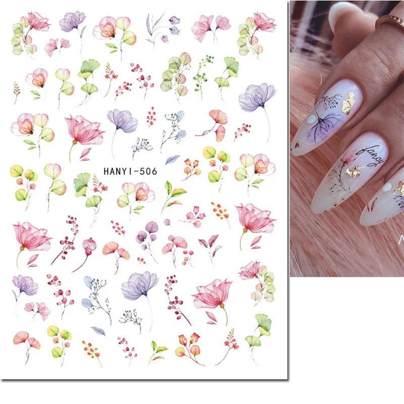 3d Nail Art Decals Watercolor Florals Purple Green Pink Flowers Leafs Fruit Adhesive Sliders Nail Stickers For Manicure