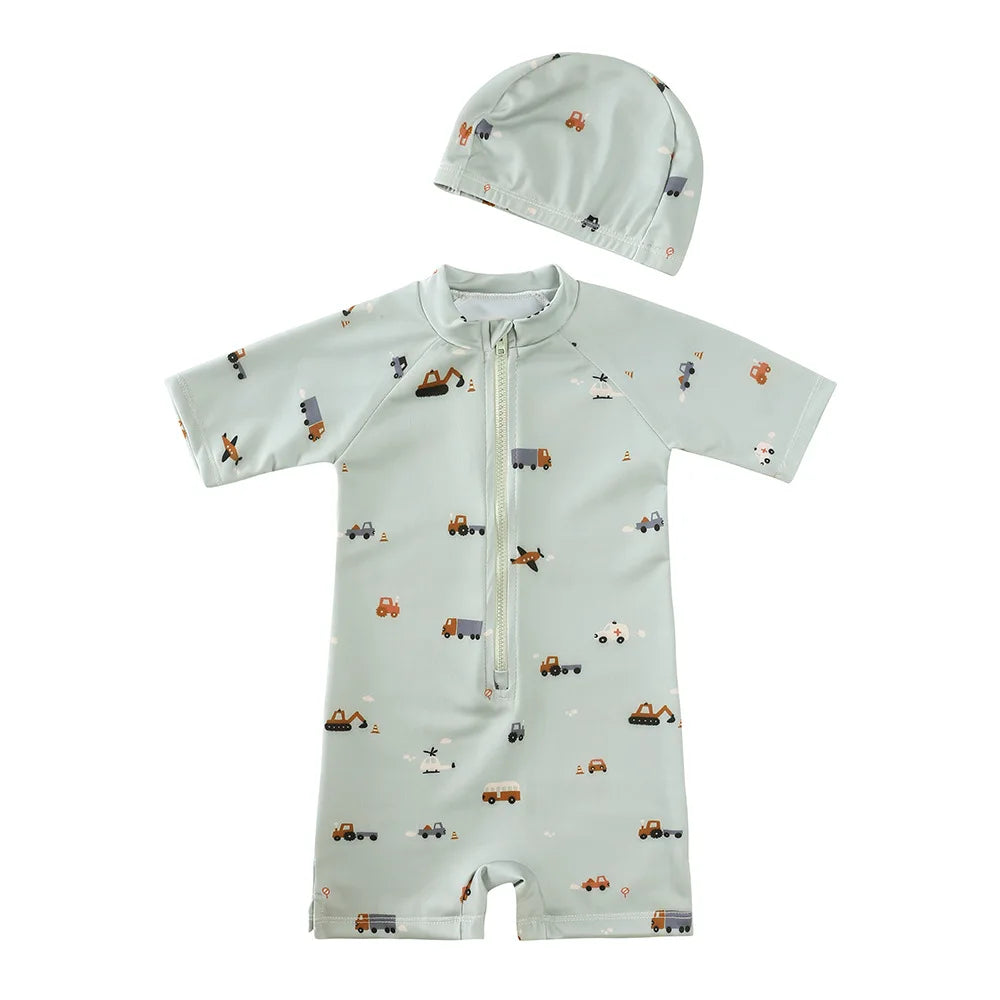 Baby Toddler One-piece Swimsuit With Hat Cartoon Print Kids Short Sleeve Zipper Swimwear Sun Protection For 0-7Y Boys Girls