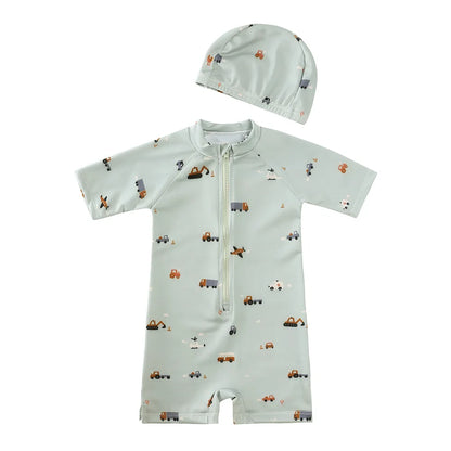 Baby Toddler One-piece Swimsuit With Hat Cartoon Print Kids Short Sleeve Zipper Swimwear Sun Protection For 0-7Y Boys Girls