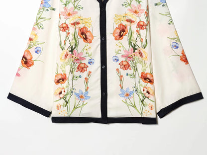 ZERAINS Casual style single row multi button lapel long sleeved contrasting printed shirt and printed pants set