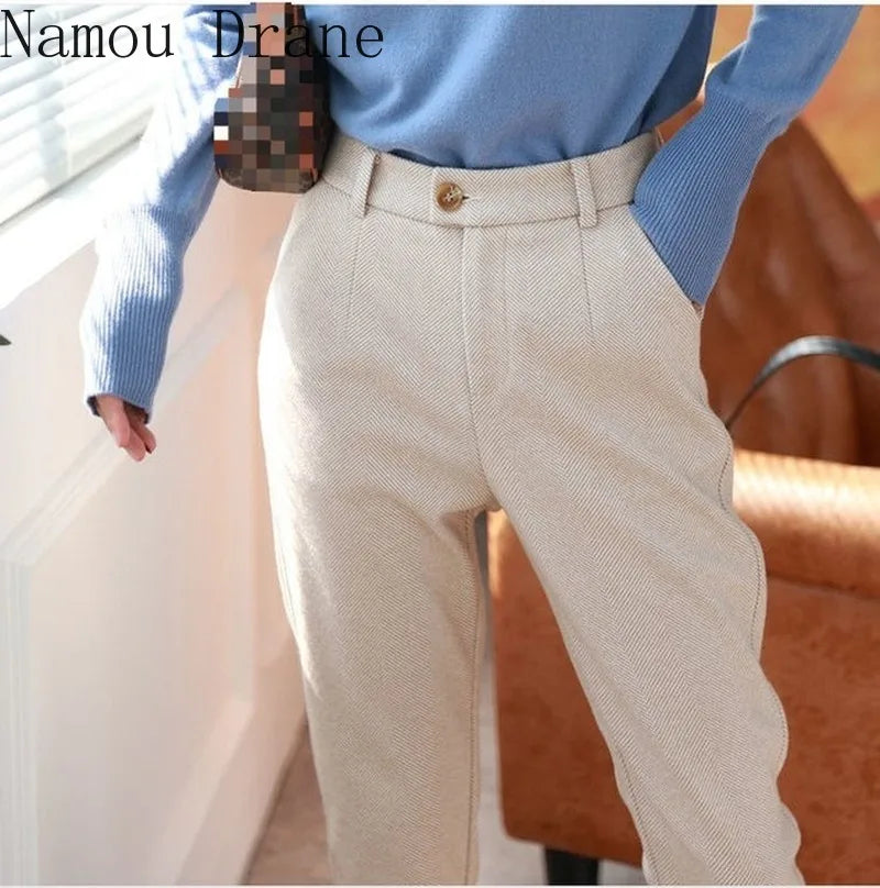 Woolen Pants Women's Harem Pencil Pants 2023 Autumn Winter High Waisted Casual Suit Pants Office Lady Women Trousers