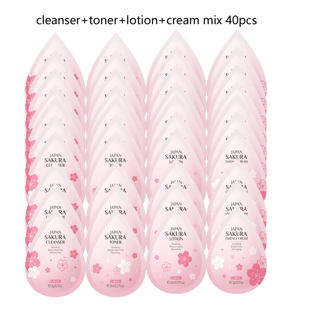 40pcs Face Skin Care Set Cherry Blossom Essence Moisturizing Cream & Collagen Eye Cream & Face Toner & Cleanser Portable Kit
