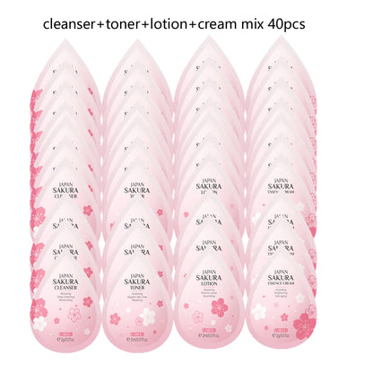 40pcs Face Skin Care Set Cherry Blossom Essence Moisturizing Cream & Collagen Eye Cream & Face Toner & Cleanser Portable Kit