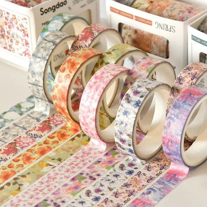 5 Rolls/set Aesthetics Floral Decorative Adhesive Tape Flower Washi Tape DIY Scrapbooking Material Sticker Label Stationery