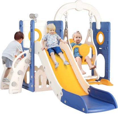 3-in-1 Toddler Slide Climber Playset, Freestanding Slide for Kids Indoor Outdoor Toy W/ Telescope, Tunnel, Basketball Hoop, Ball