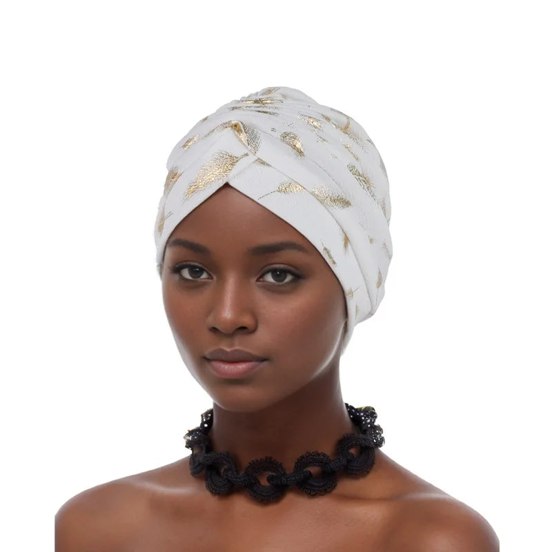 Feather Gold Stamping Fabric Turban Cap for Women African Wrap Head Bonnet Muslim Under Scarf Hat Turbante Mujer