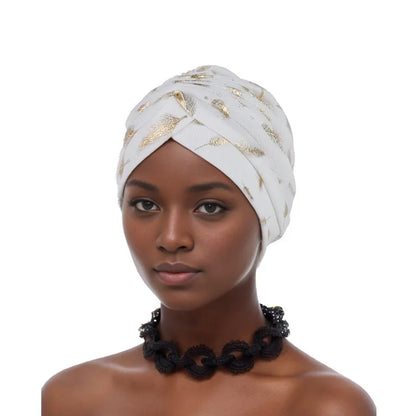 Feather Gold Stamping Fabric Turban Cap for Women African Wrap Head Bonnet Muslim Under Scarf Hat Turbante Mujer