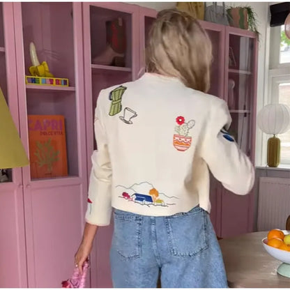 Embroidered Print Cropped Woolen Jacket Women Casual O Neck Full Sleeve Outwear 2025 Autumn Lady Daily Commuting Street Jackets