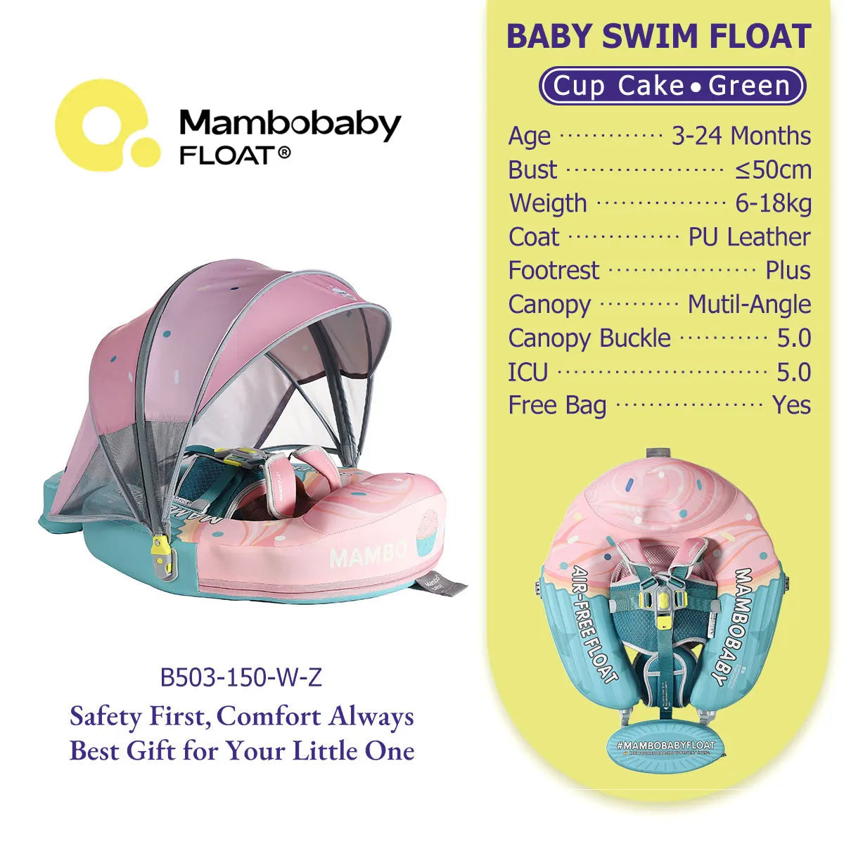 Mambobaby Float Safe Solid Core Comfort Skin-friendly Design with Canopy Baby Swimming Ring Toddler Pool Float Infant Water Ring