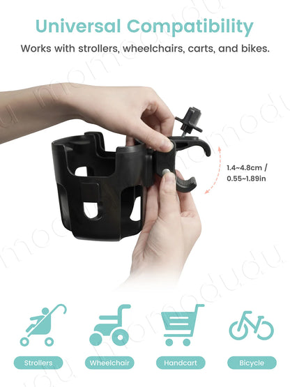 2-in-1 Large-Size Universal Stroller Cup Holder with Phone Holder - 360° Rotatable Adjustable Clamp, Detachable Stand