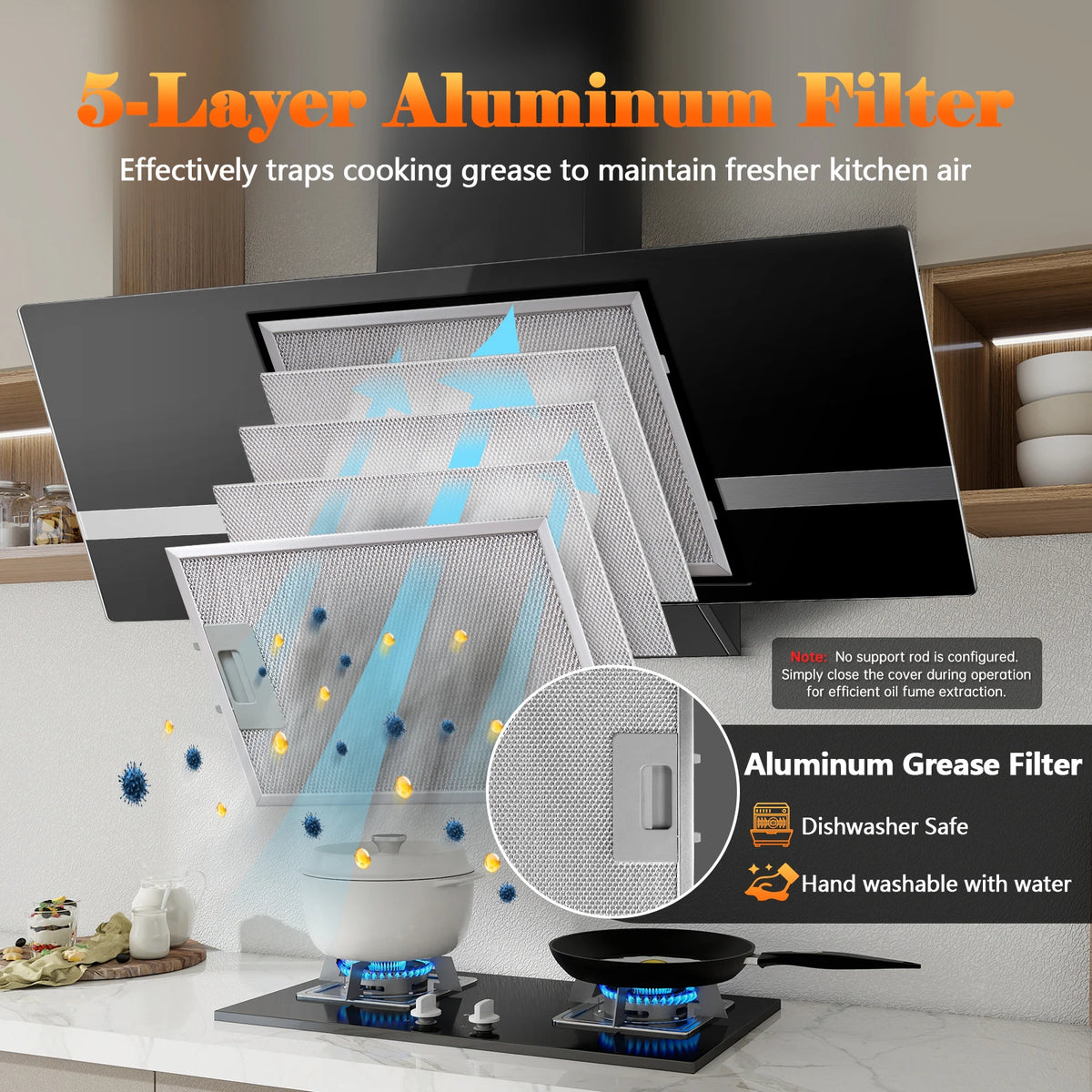 90cm Wall Hood, A+++ Energy Class, 400 m³/h, Touch Control, LED Light, Black Stainless Steel/Glass, Quiet 58 dB‌