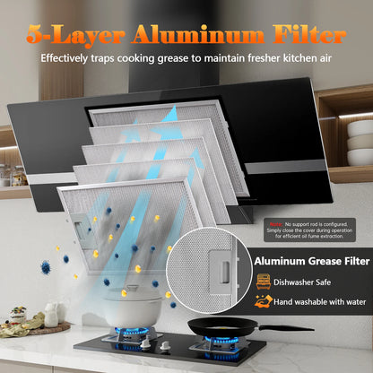 90cm Wall Hood, A+++ Energy Class, 400 m³/h, Touch Control, LED Light, Black Stainless Steel/Glass, Quiet 58 dB‌