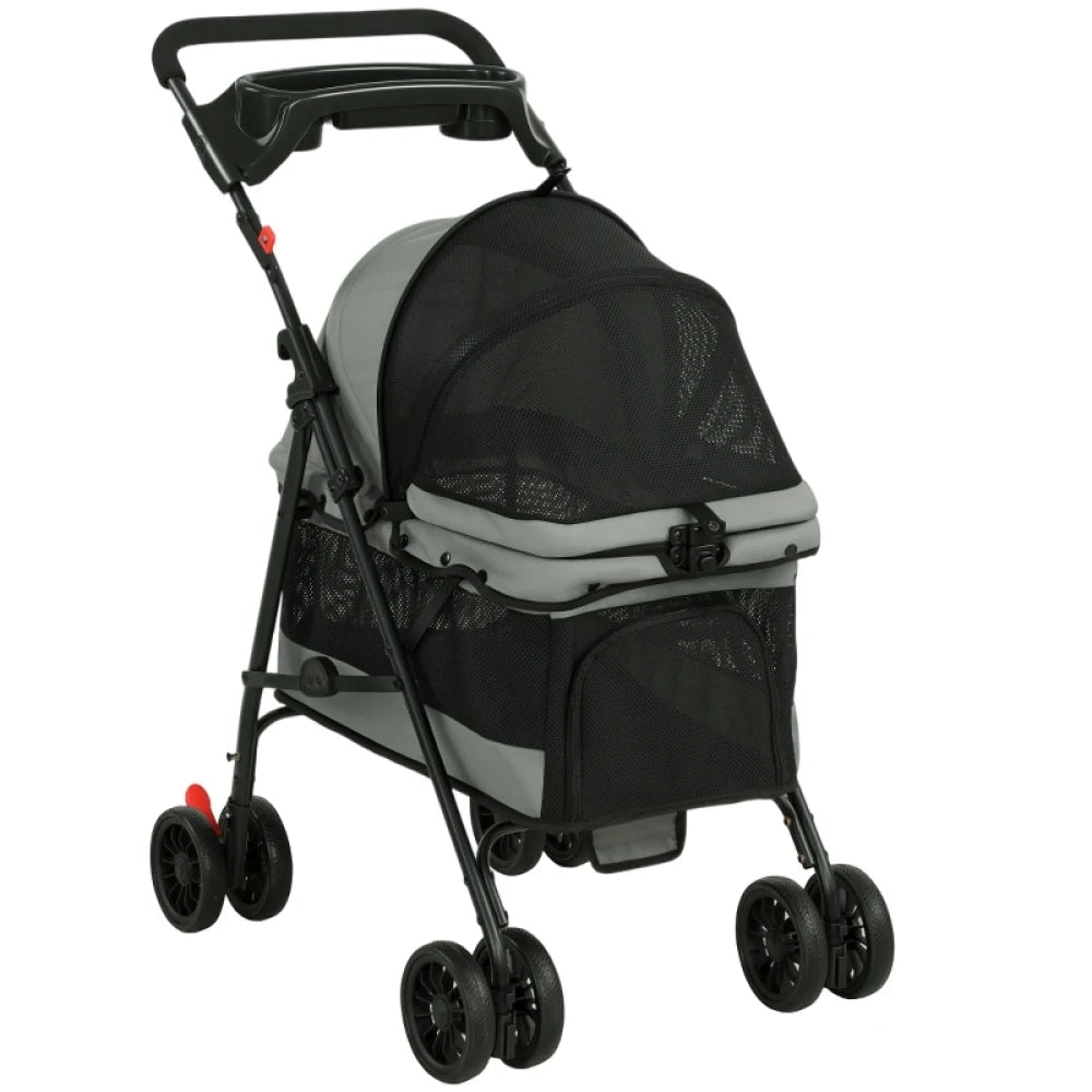 Foldable Pet Stroller for Small Dogs up to 10kg, Lightweight Dog Buggy with Mesh Windows, 360° Swivel Wheels, Brake, Removable Cushion, Cup Holder & Storage, Ideal for Travel, Gray