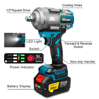 Gisam 2000N.M Brushless Electric Impact Wrench 1/2 inch Cordless Screwdriver Drill 3Gear Electric Wrench Power Tool For Makita 18V Battery Pin