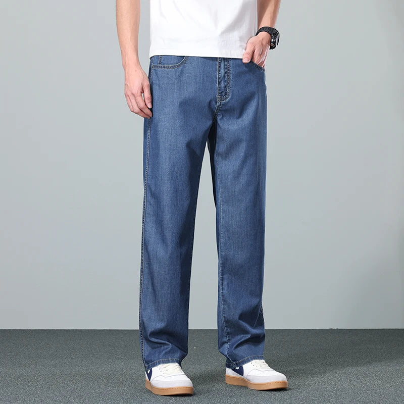 Brand Clothing Summer Lyocell Fabric Stretch Jeans Business Loose Straight Casual Trousers Fashion Versatile Pants Plus Size 40