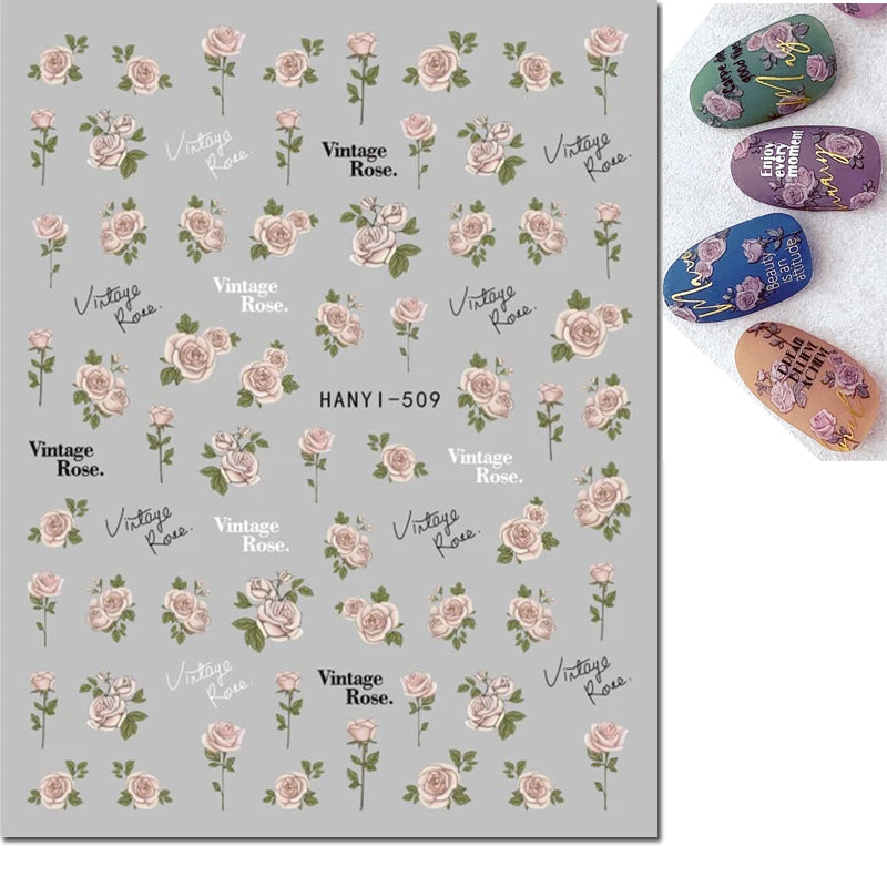 3d Nail Art Decals Elegant White RoyalBlue Roses Flowers Adhesive Sliders Nail Stickers Decoration For Nail Manicure