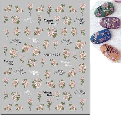 3d Nail Art Decals Watercolor Florals Purple Green Pink Flowers Leafs Fruit Adhesive Sliders Nail Stickers For Manicure