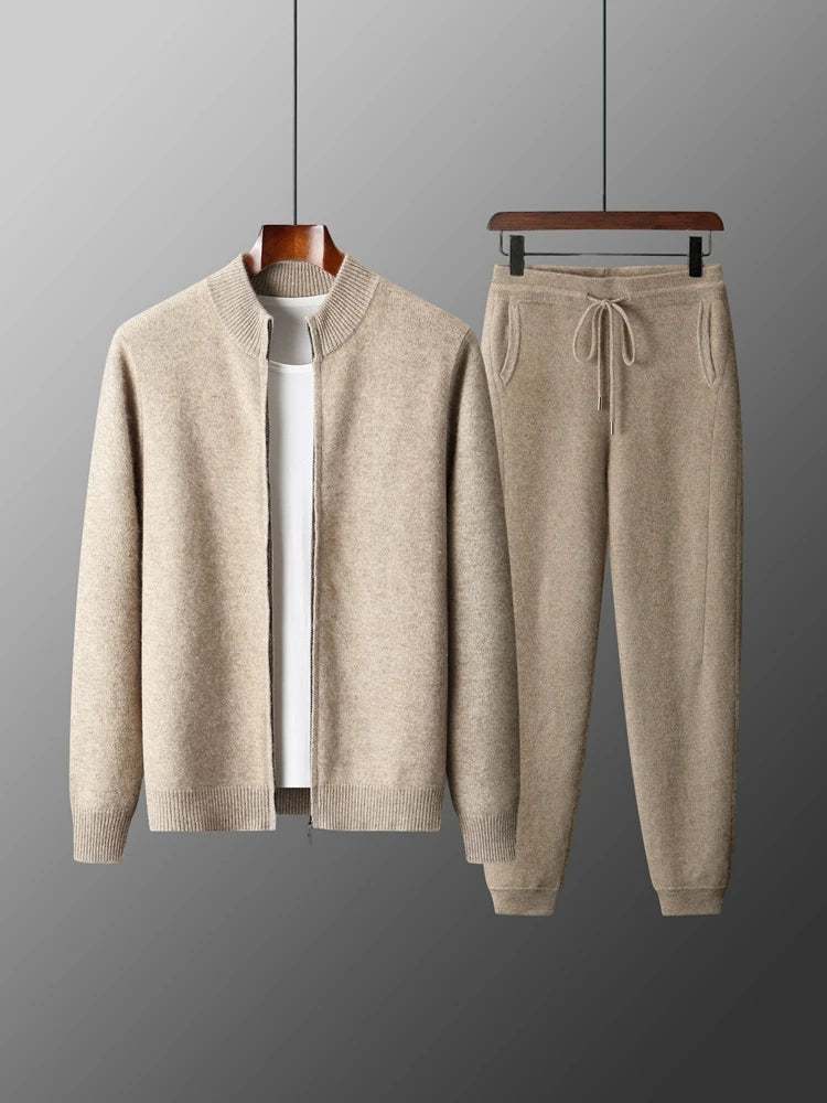 100% Merino Wool Two-piece Suit for Men Autumn Winter Knitting Zipper Cardigan and Slim-fit Pants Warm Thickened Clothing Sets