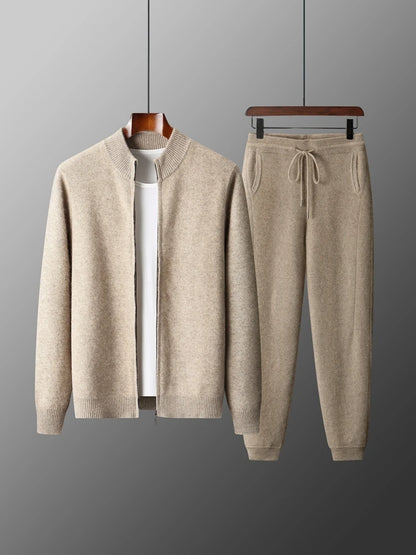 100% Merino Wool Two-piece Suit for Men Autumn Winter Knitting Zipper Cardigan and Slim-fit Pants Warm Thickened Clothing Sets