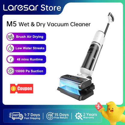 【M3 Upgraded】Laresar M5 Cordless Wet Dry Vacuum Cleaner, Air Dry Edge Brush 48min Self-Cleaning Upright Stick Vacuum Mop Floor Home Appliance