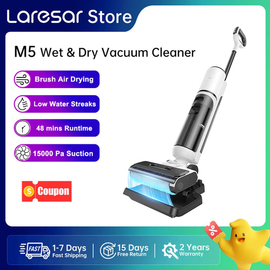 【M3 Upgraded】Laresar M5 Cordless Wet Dry Vacuum Cleaner, Air Dry Edge Brush 48min Self-Cleaning Upright Stick Vacuum Mop Floor Home Appliance