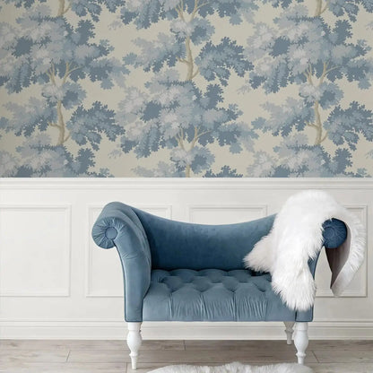 Misty Forest Wallpaper with an antique woven tapestry showing a lush landscape in light blue, Scandinavian Wallpaper Raphael