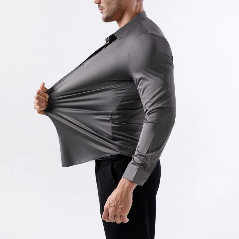 100KG Non-Iron Four-way High Stretch Men's Long Sleeve Shirt Silky Soft Sommth Blue Black Business Party Wedding Male Clothing