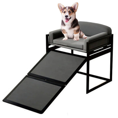 ZMaker 2026 Customizable Metal Frame Elevated Dog Bed with Ramp Non Slip Foldable Dog Stairs Ramps with Seat Cushion