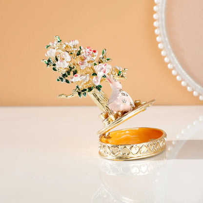 Cherry Blossom Tree Crystal Hinged Jewelry Box Little White Rabbit Necklace Earrings Nail Ring Box