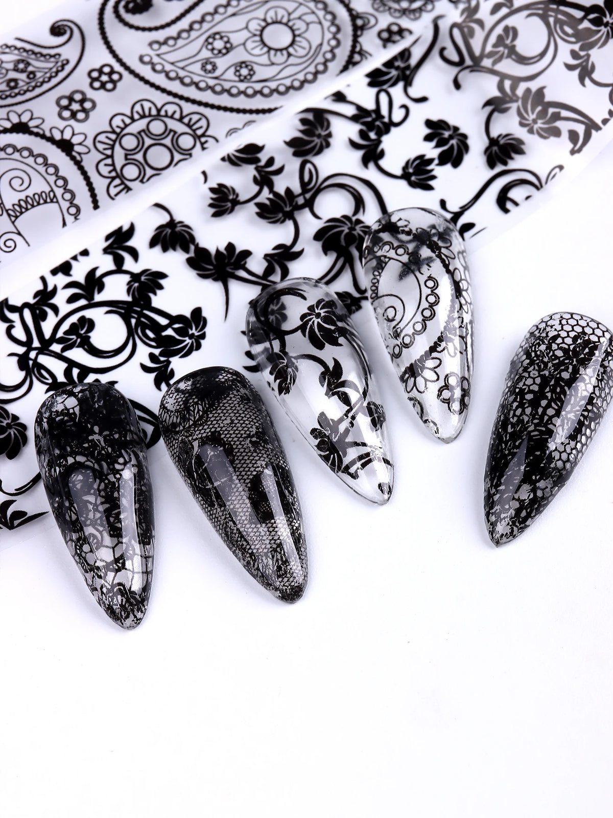 10 Sheets Lace Nail Foil White & Black Nail Stickers Design Transfer Foils Starry Sky Paper Nail Art Foil Decals for Nails Salon