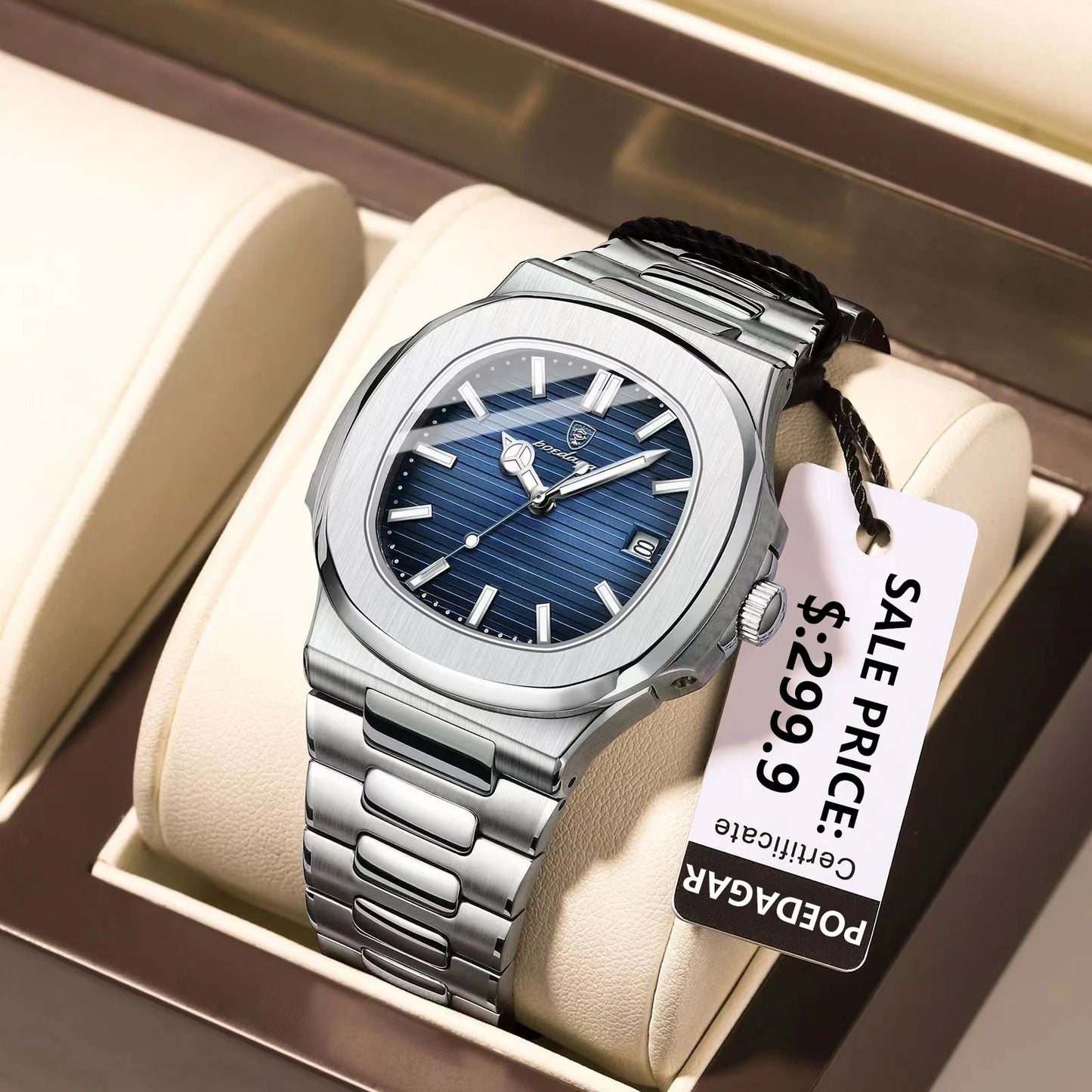 POEDAGAR Luxury Brand Men's Quartz Wristwatch Stainless Steel Waterproof Luminous Date Man Clock Square Business Watches For Men
