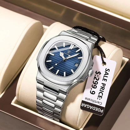 POEDAGAR Luxury Brand Men's Quartz Wristwatch Stainless Steel Waterproof Luminous Date Man Clock Square Business Watches For Men