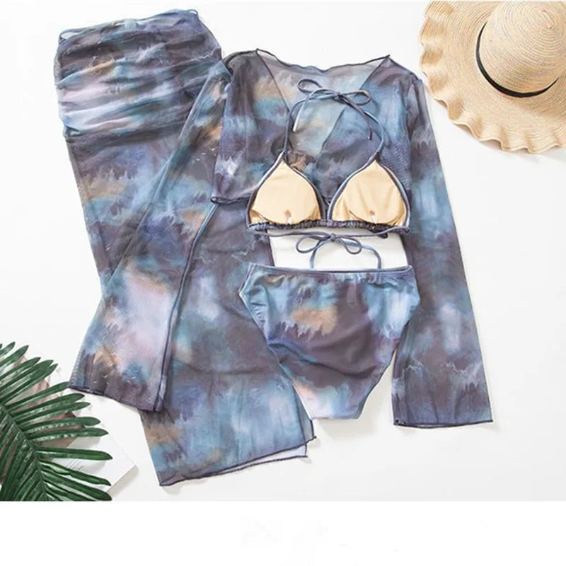 sexy Korean fashion tie dye print swimsuit 4pcs autumn long flare sleeve cover top with long split skirt bikinis padded swimwear