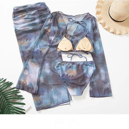 sexy Korean fashion tie dye print swimsuit 4pcs autumn long flare sleeve cover top with long split skirt bikinis padded swimwear