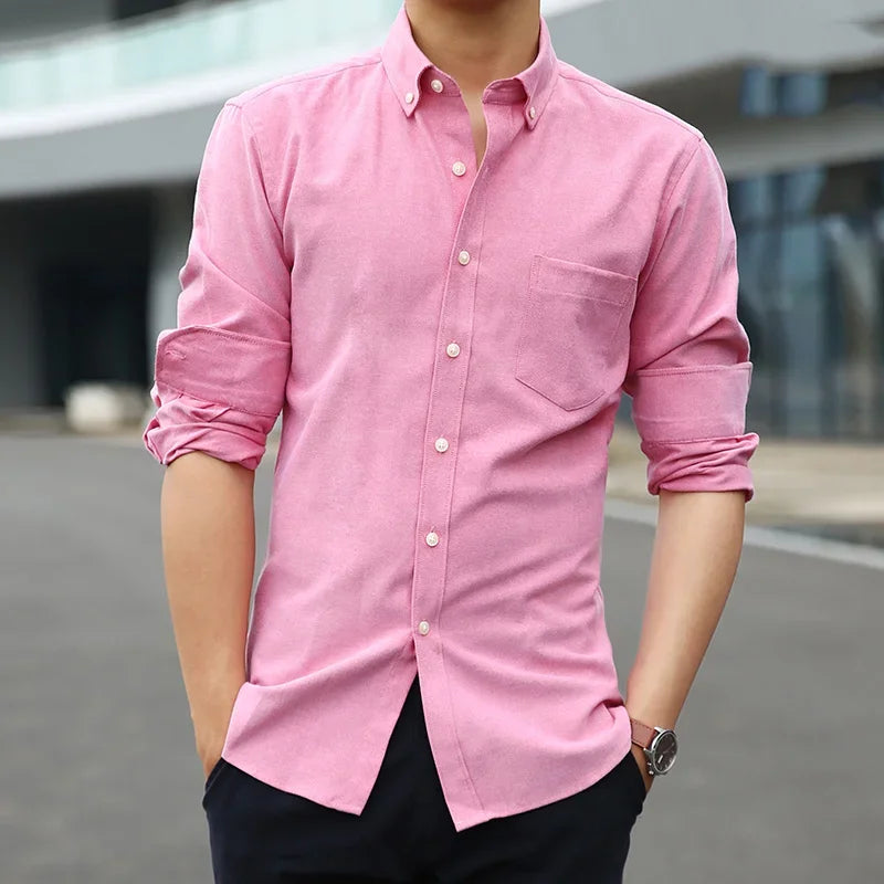 Classic Fit Cotton Full Casual Shirts for Men Solid Color Long-Sleeve Plain Shirt Single Pocket Top Soft Slim Fit Formal Clothes