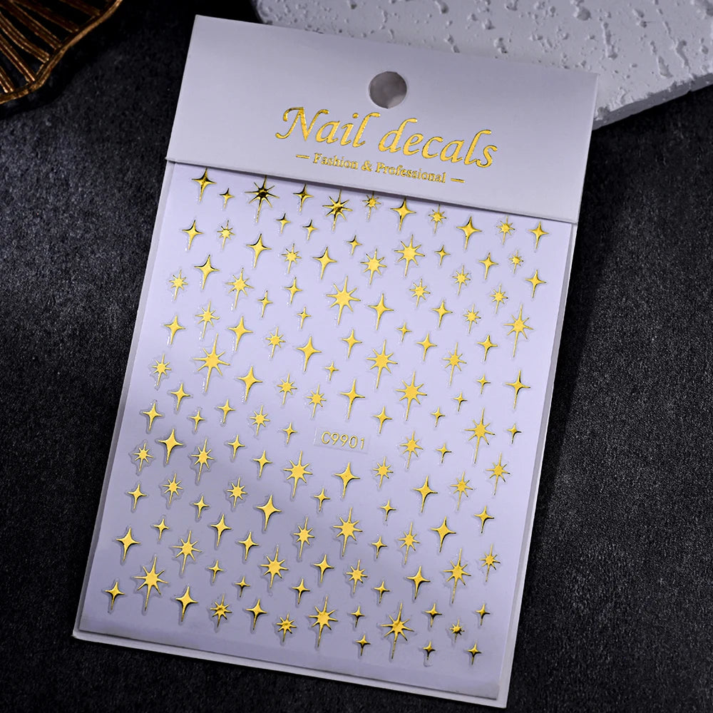 1pc Sliver Gold Star Nail Art Stickers Y2K Charms Self-Adhesive Sliders Laser White Chrome Gel Polish Decals Kawaii Accesories
