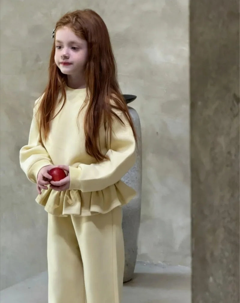 2026 Autumn Winter New Children Clothing Korean Girls Casual Lace Wide Leg Pants Set Children Round Collar Hoodie Two Piece Set