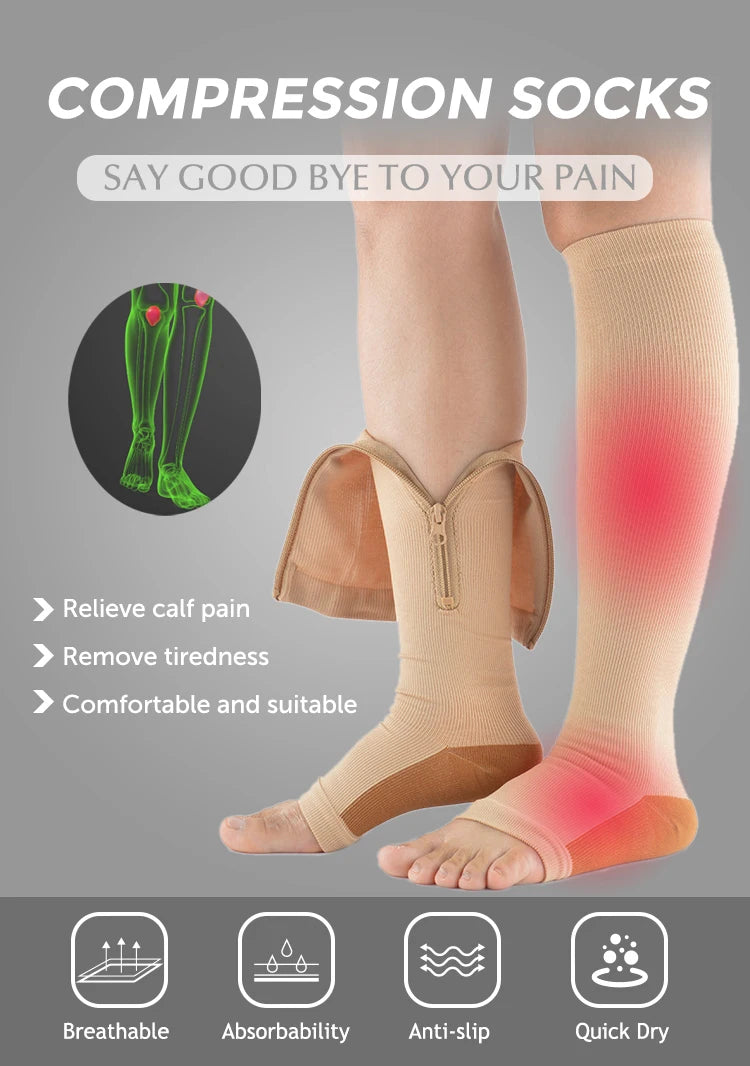 Compression Socks Men Women Support Knee Zipper Female Open Toe Thin Anti Fatigue Stretchy Sox High Socks Unisex