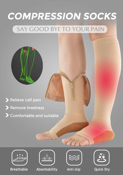 Compression Socks Men Women Support Knee Zipper Female Open Toe Thin Anti Fatigue Stretchy Sox High Socks Unisex