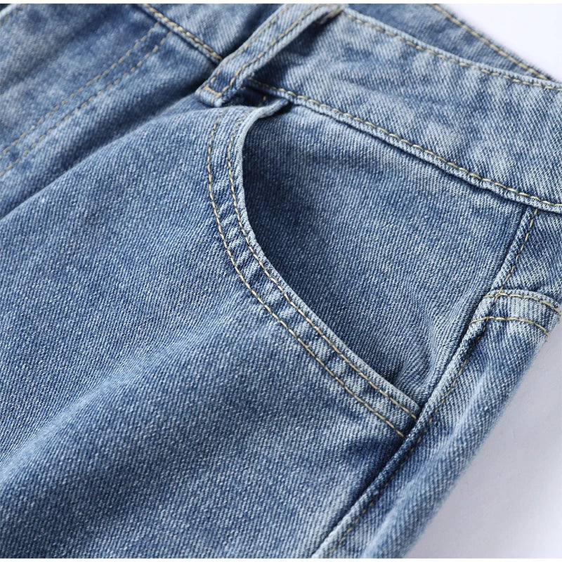 Female Vintage Leather Pocket Jeans Women Blue Zipper Straight Loose Trousers Lady New Fashion Daily Casual Spring Pants 2026